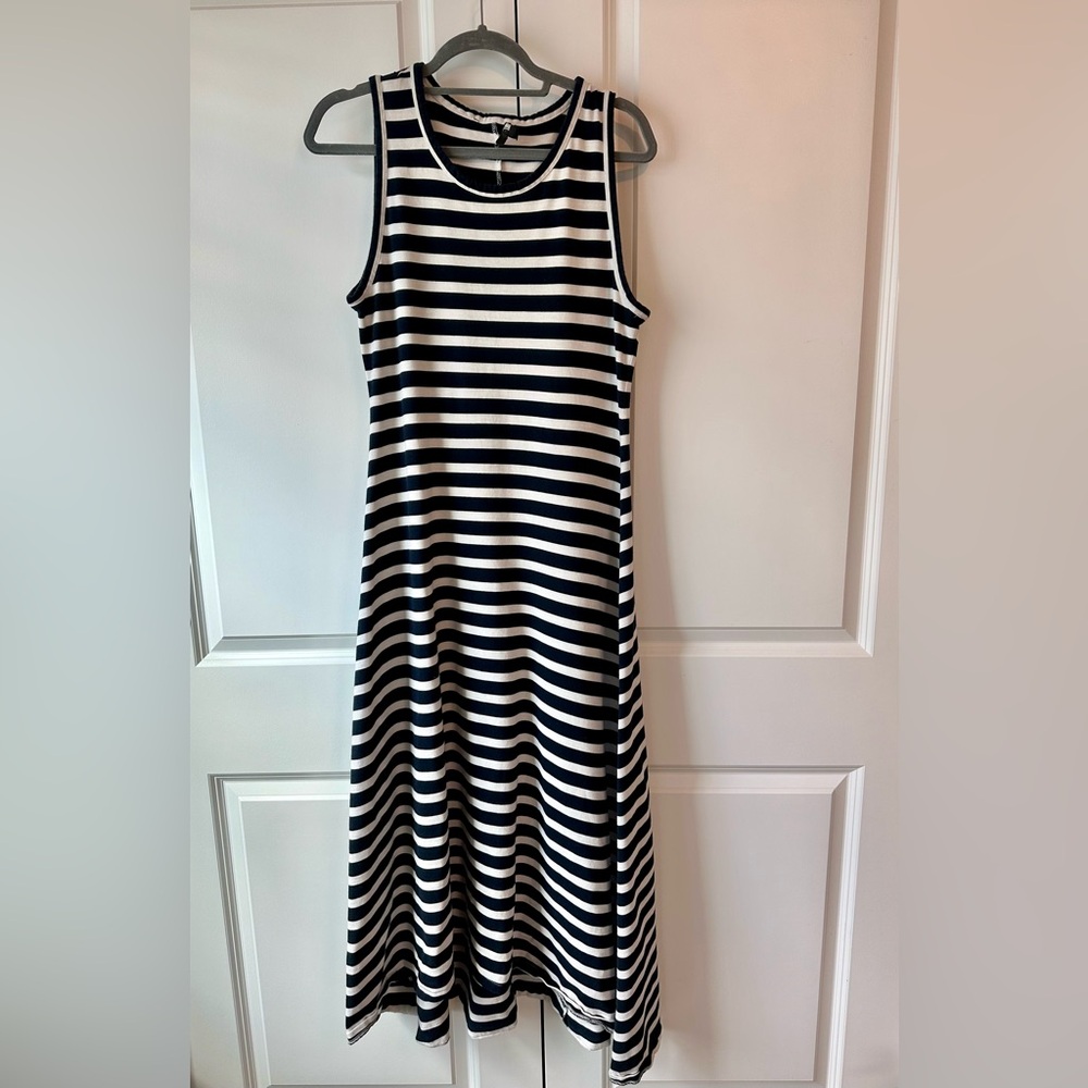 J.Crew Women’s High-Low Maxi Dress Navy and White Stripes Sleeveless (Size M)
